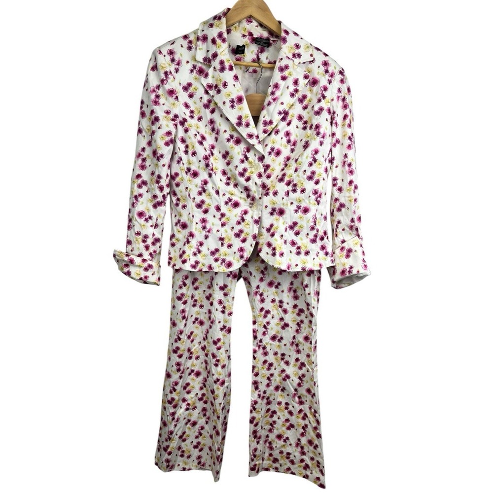 90s Y2K Nicole Miller Floral Suit Jacket Flared Pants sz 10 Pink‎ White Yellow